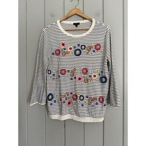Talbots Sweater M Medium Striped Floral Embroidery Beaded Embellished Bell
